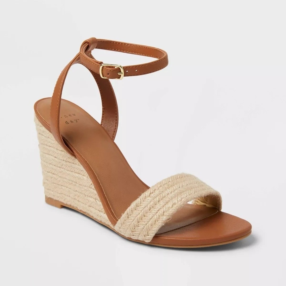 Women's Tish Ankle Strap Wedge Heels - A New Day Tan Size 9.5